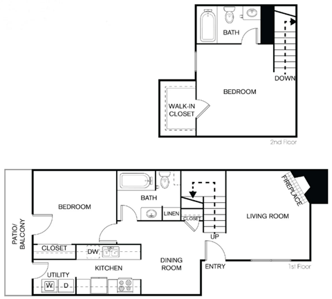 A diagram of a two-story house with labeled rooms.